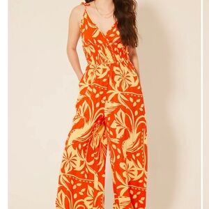 Patrons of Peace Orange Cream Floral Smocked Bodice Wide Leg Jumpsuit XL